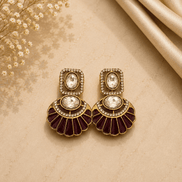 Gold-tone fan earrings with bezel crystal centers and maroon enamel scalloped petals