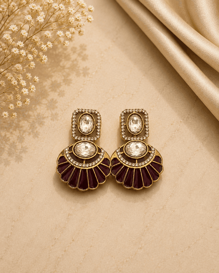 Gold-tone fan earrings with bezel crystal centers and maroon enamel scalloped petals