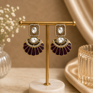 Gold-tone fan statement earrings with oval crystals and maroon enamel fan drops