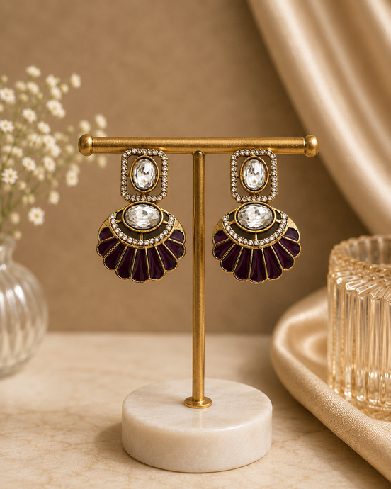 Gold-tone fan statement earrings with oval crystals and maroon enamel fan drops