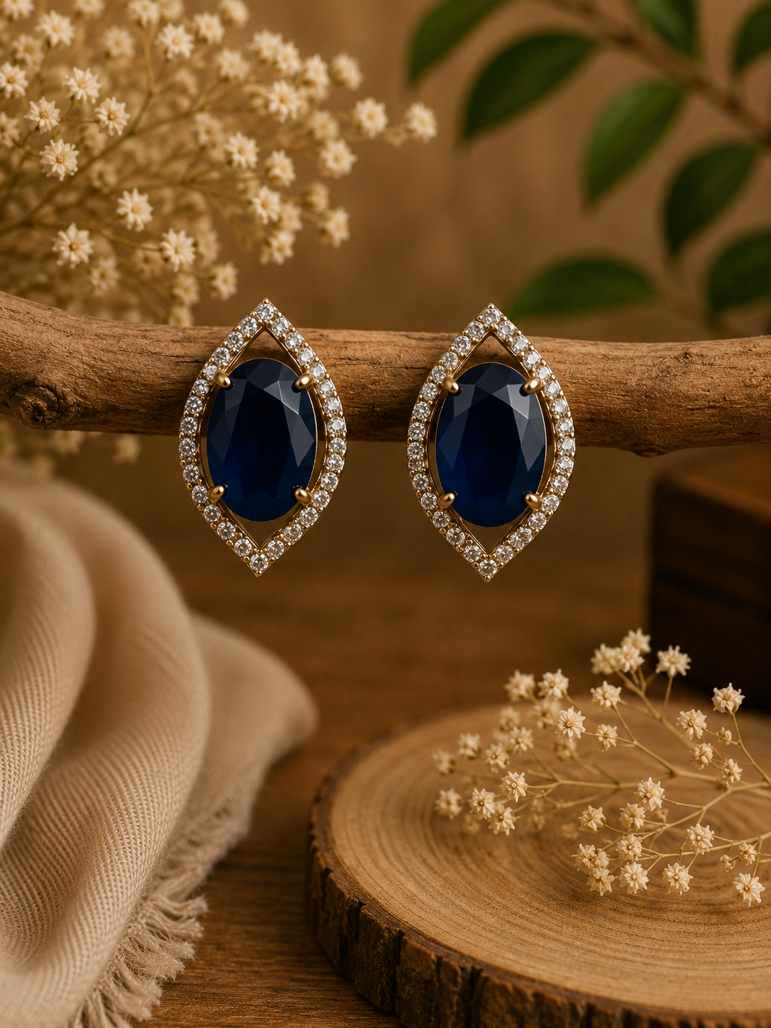 Dark blue teardrop halo stud earrings with pave crystal border, gold-tone setting.