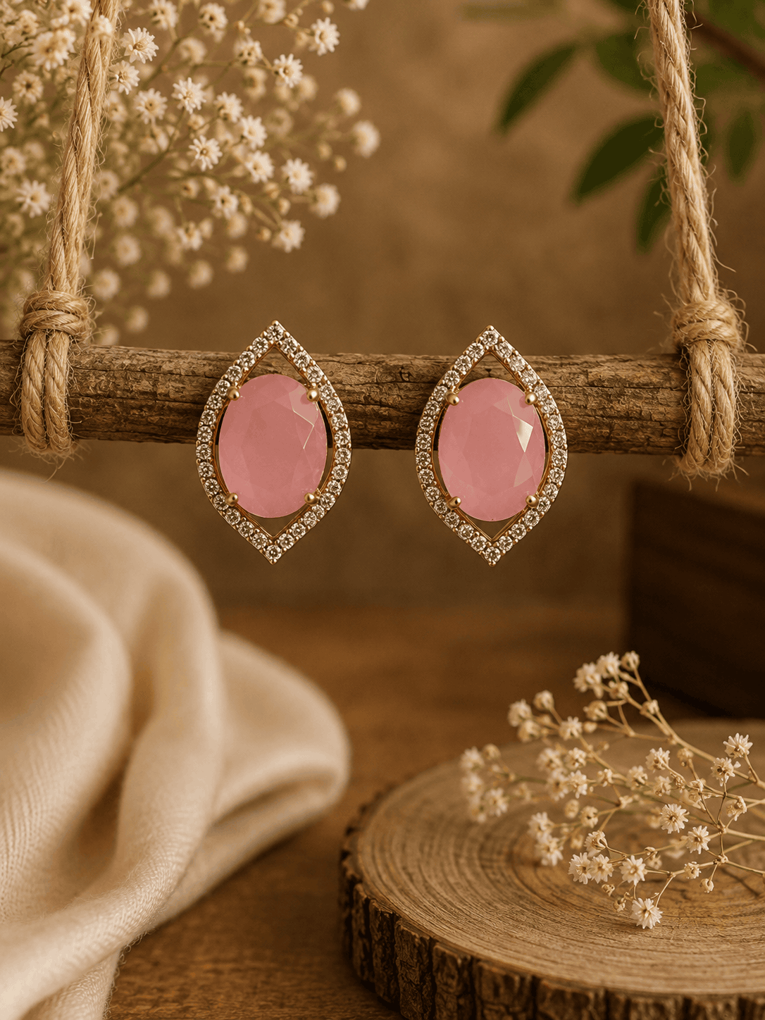 Pink teardrop halo stud earrings with pavé crystal border, gold-tone setting.