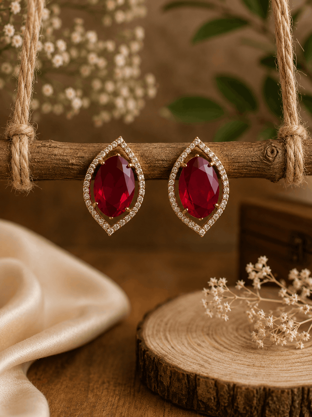 Red teardrop halo stud earrings with pavé crystal border, gold-tone setting.