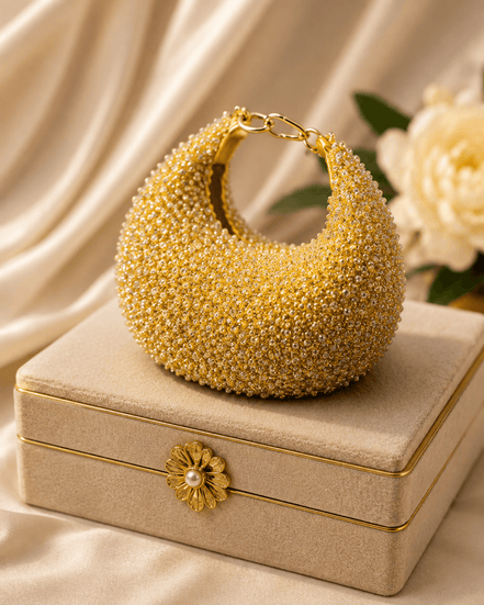 Gold crystal beaded hobo bag with flower-shaped clasp and chain strap