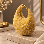 Gold crystal beaded hobo bag with chain shoulder handle, crescent silhouette