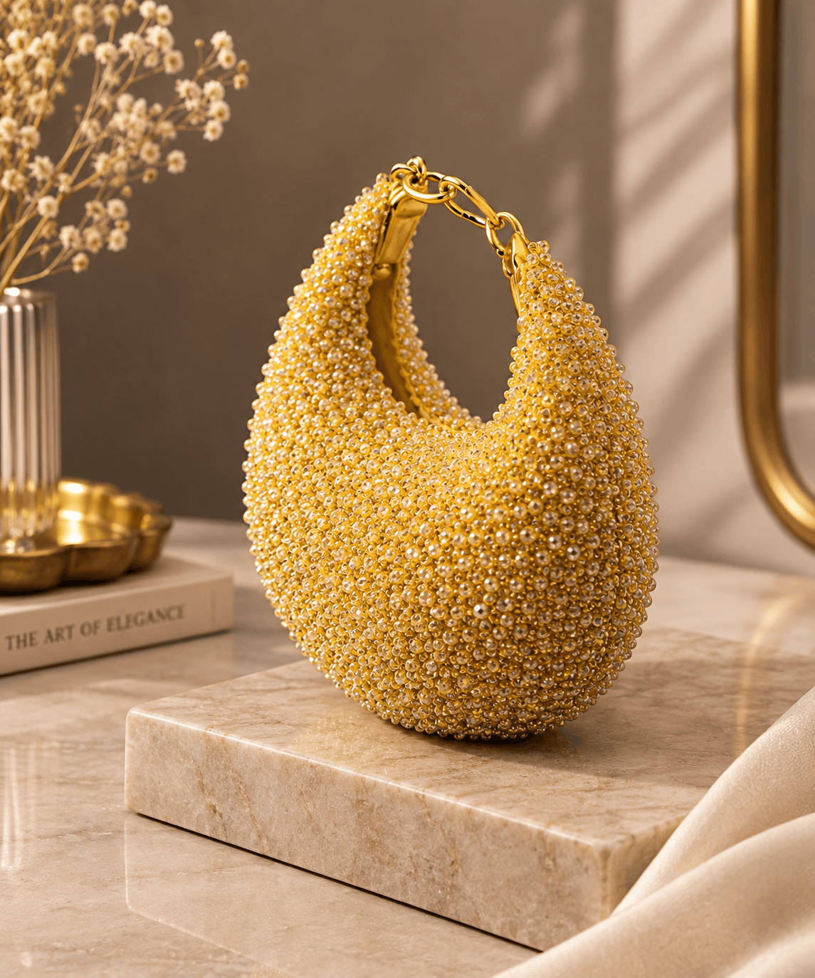 Gold crystal beaded hobo bag with chain shoulder handle, crescent silhouette