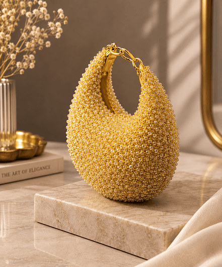 Gold crystal beaded hobo bag with chain shoulder handle, crescent silhouette