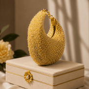 Gold crystal beaded hobo bag, teardrop shape, top chain handle