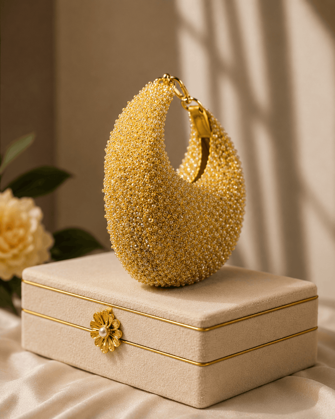 Gold crystal beaded hobo bag, teardrop shape, top chain handle