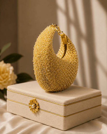 Gold crystal beaded hobo bag, teardrop shape, top chain handle