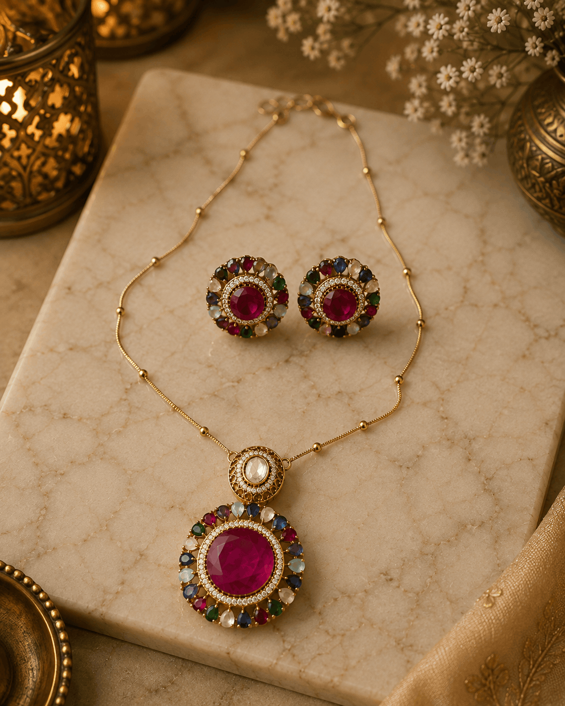 Gold-tone jewelry set with round stud earrings and a large circular pendant with red center