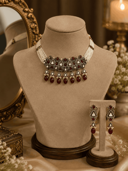 Zara Heritage choker set on jewelry stand, deep wine drops with silver-tone filigree