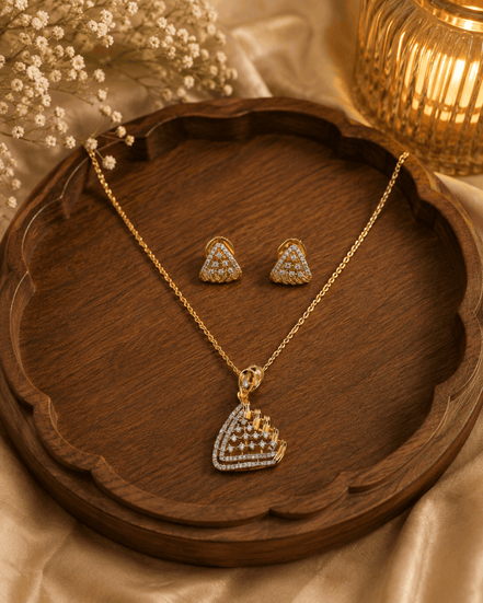 Gold-tone necklace with large pave pendant and two matching stud earrings set