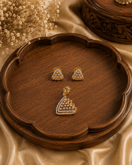 Gold-tone jewelry set: pave teardrop pendant necklace with matching stud earrings