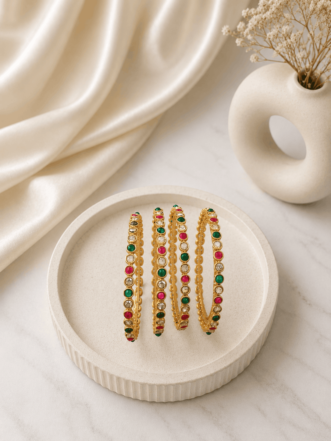 Nayra Royal gold-tone multicolor bangles with green, red and pink bead details