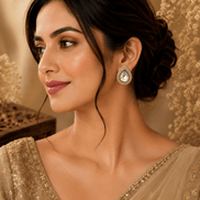 Teardrop stud earrings, gold-tone with clear crystal bezel, worn on model’s ear