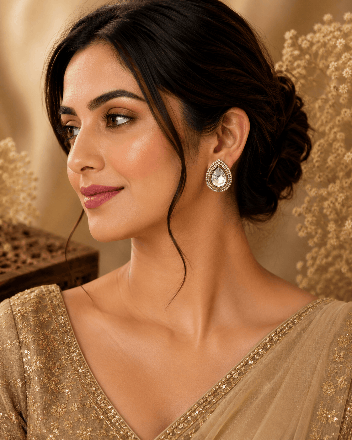 Teardrop stud earrings, gold-tone with clear crystal bezel, worn on model’s ear