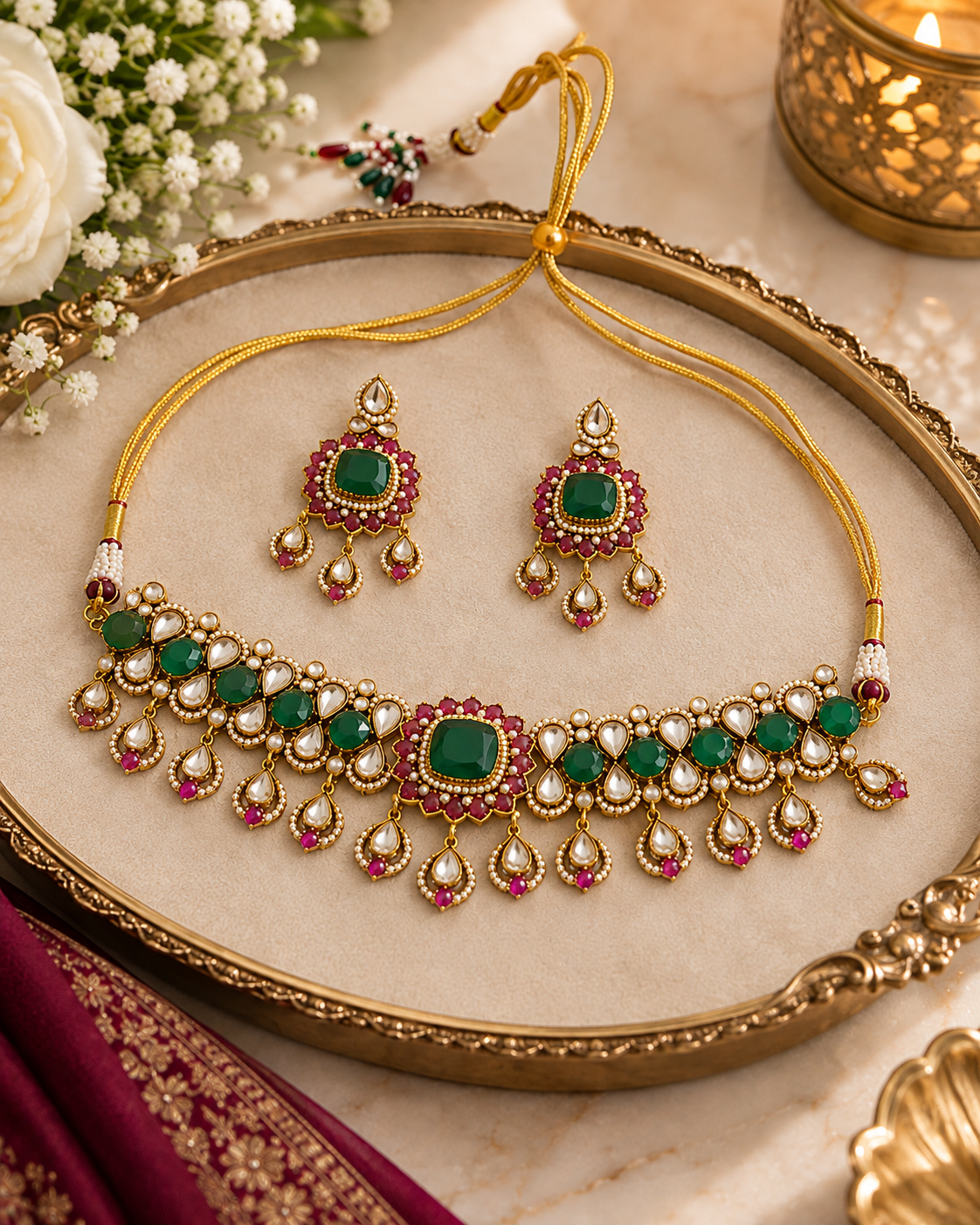 Green kundan necklace with ruby-red drops, paired with matching dangling earrings.