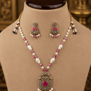 Beaded mala set: pink & white beads, gold pendant, matching earrings