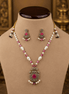 Beaded mala set: pink & white beads, gold pendant, matching earrings