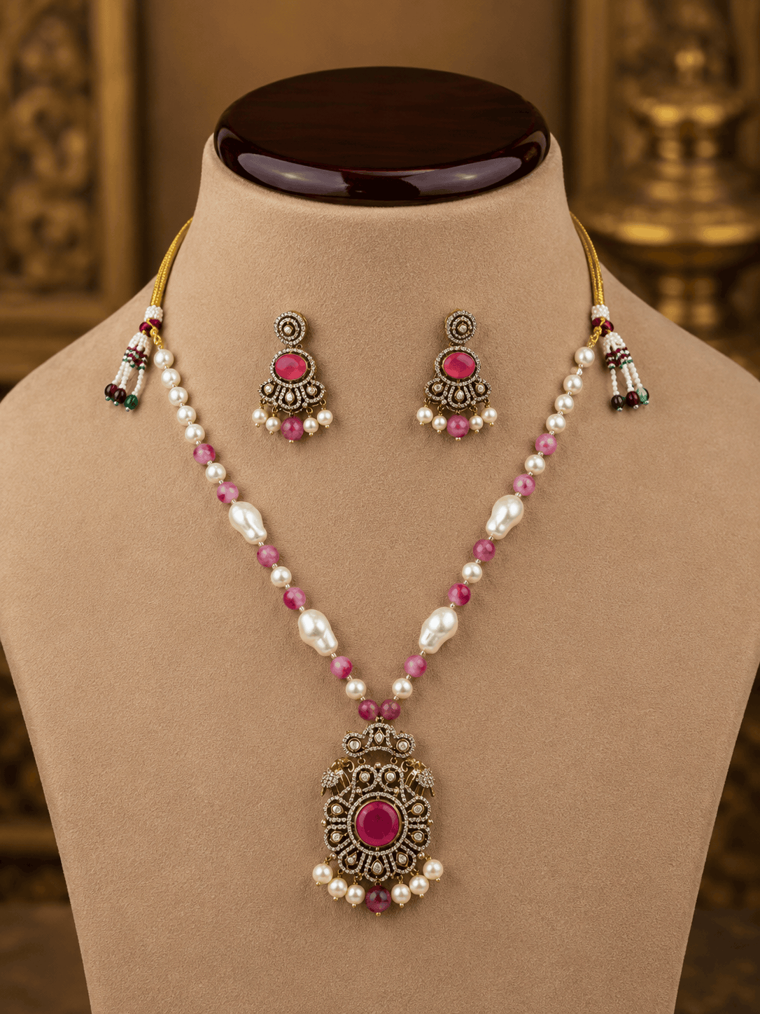 Beaded mala set: pink & white beads, gold pendant, matching earrings