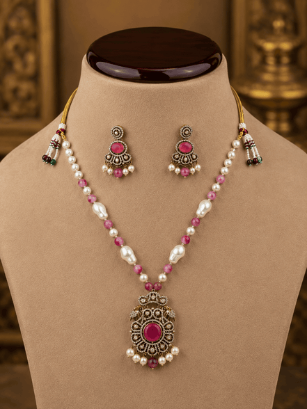 Beaded mala set: pink & white beads, gold pendant, matching earrings