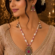 Beaded mala set with pearl beads, maroon center pendant, matching drop earrings