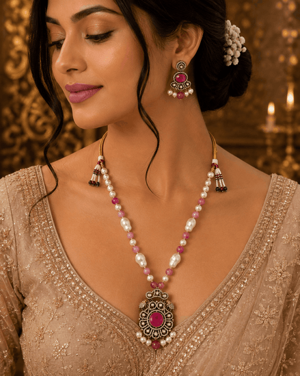 Beaded mala set with pearl beads, maroon center pendant, matching drop earrings