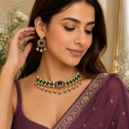 Green kundan choker necklace with matching drop earrings, worn with dark purple saree.