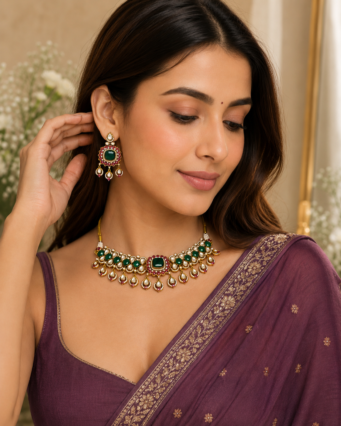 Green kundan choker necklace with matching drop earrings, worn with dark purple saree.