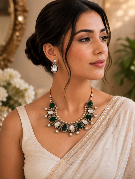 Mahira Heritage necklace set with green cabochons and pearls, matching teardrop earrings.