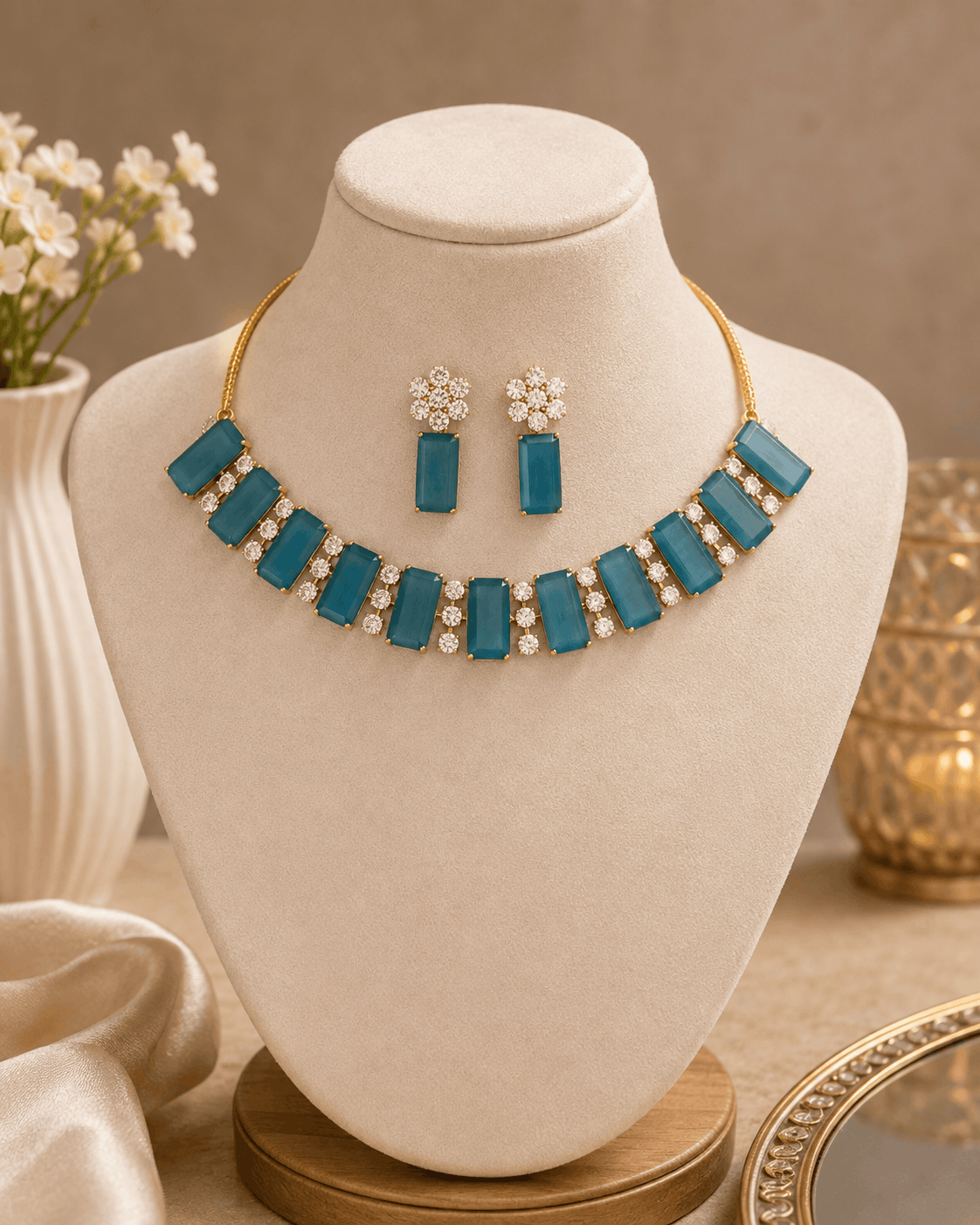 Teal blue gemstone choker with matching drop earrings on necklace bust