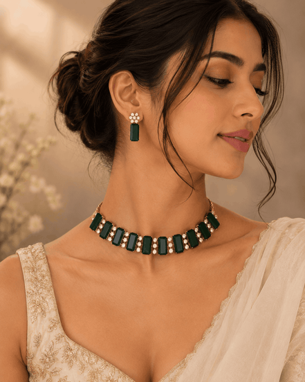 Emerald green gemstone choker with matching drop earrings and gold-tone details
