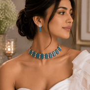 Teal blue gemstone choker necklace with small flower studs and drop earrings