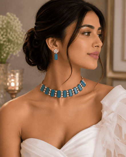 Teal blue gemstone choker necklace with small flower studs and drop earrings