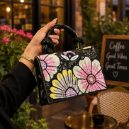 Black floral beaded handbag with pink and yellow flower sequins and braided handle detail