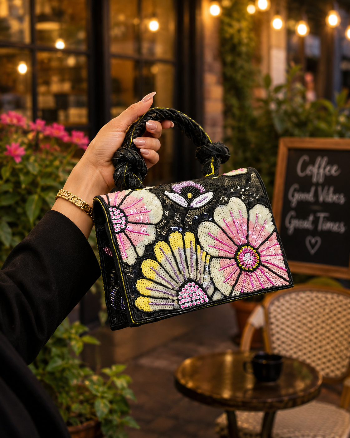 Black floral beaded handbag with pink and yellow flower sequins and braided handle detail