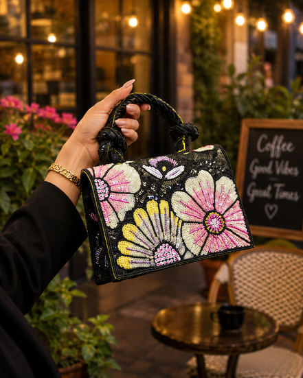 Black floral beaded handbag with pink and yellow flower sequins and braided handle detail