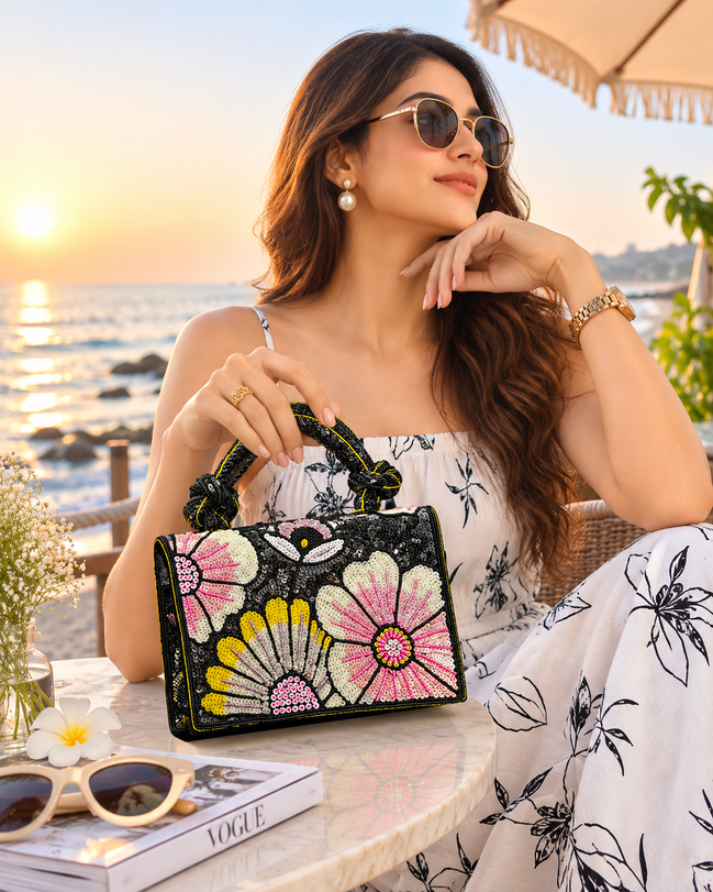 Elara floral bag: black beaded handbag with pink and yellow flower embroidery