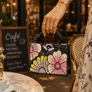 Black floral beaded handbag with bright pink and yellow flower pattern, short handles