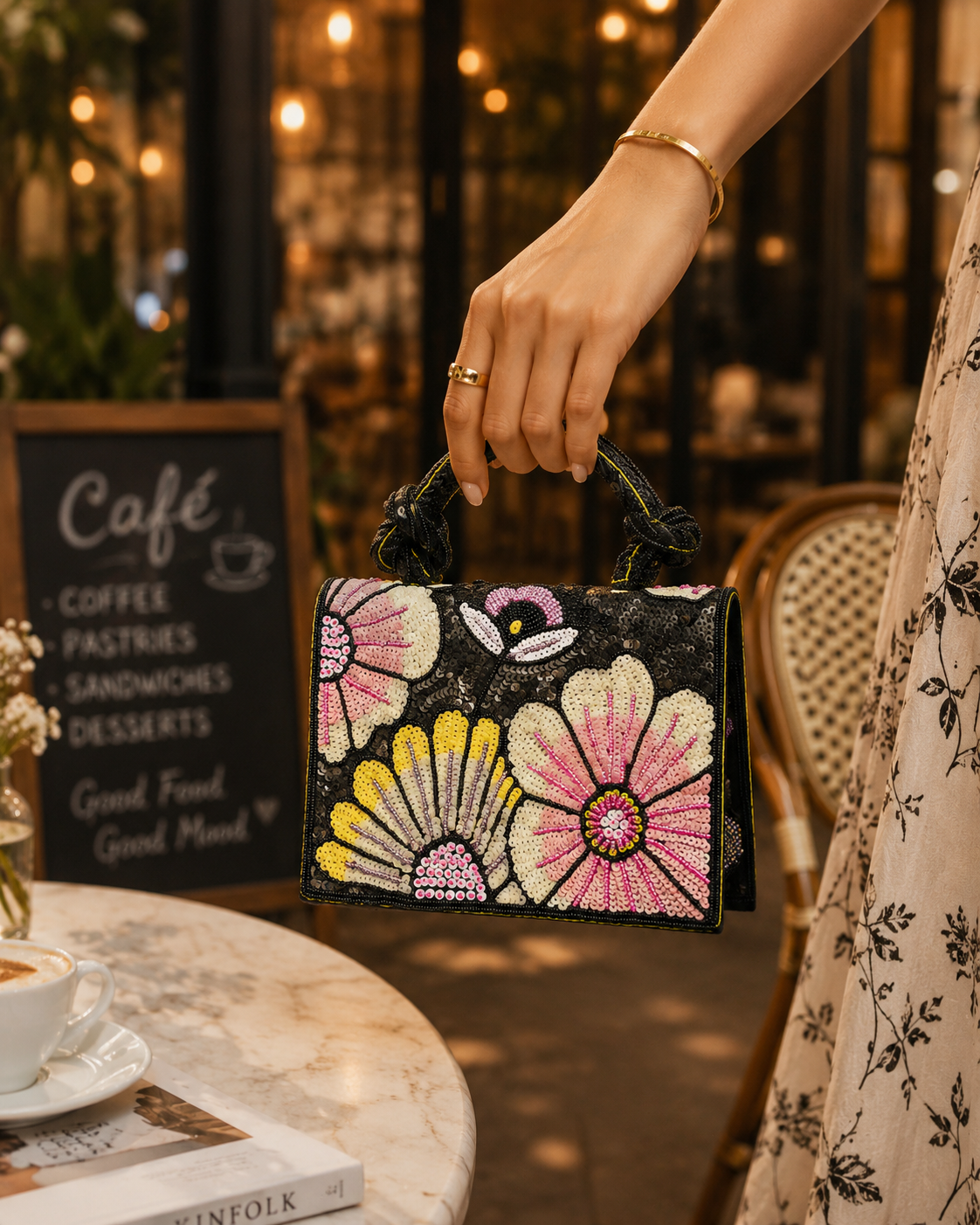 Black floral beaded handbag with bright pink and yellow flower pattern, short handles