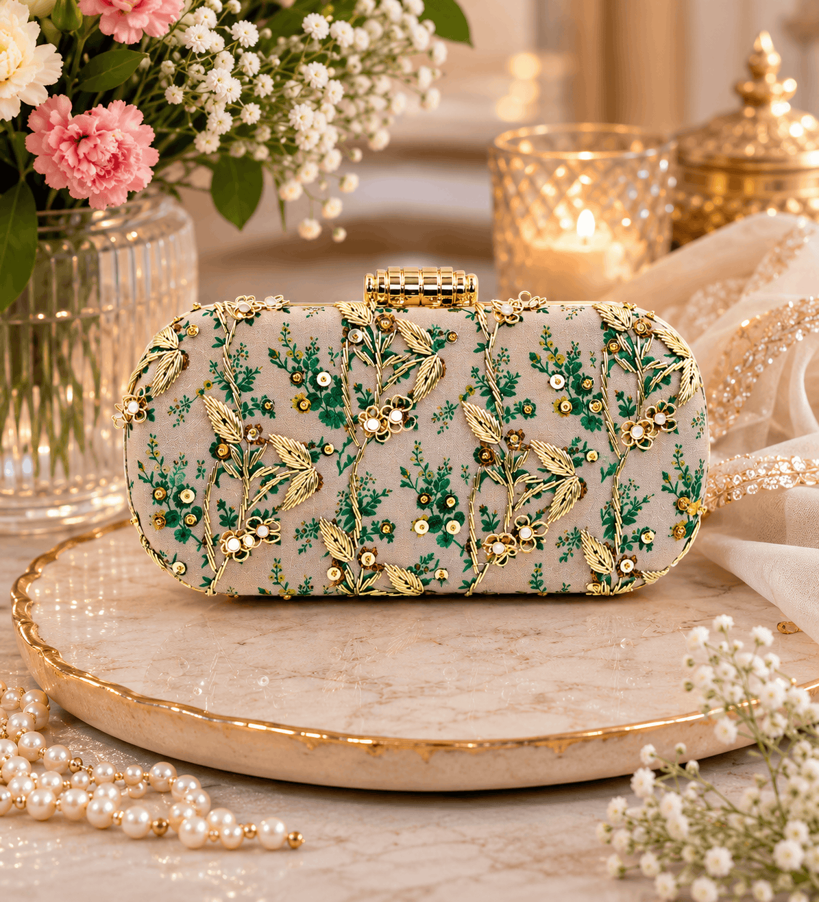 Embroidered beaded clutch bag with green and yellow floral motifs on light blue base.