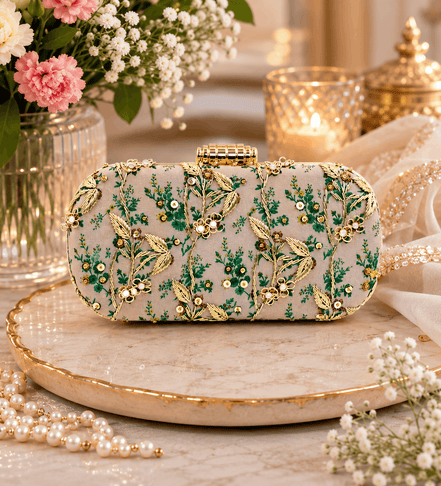 Embroidered beaded clutch bag with green and yellow floral motifs on light blue base.