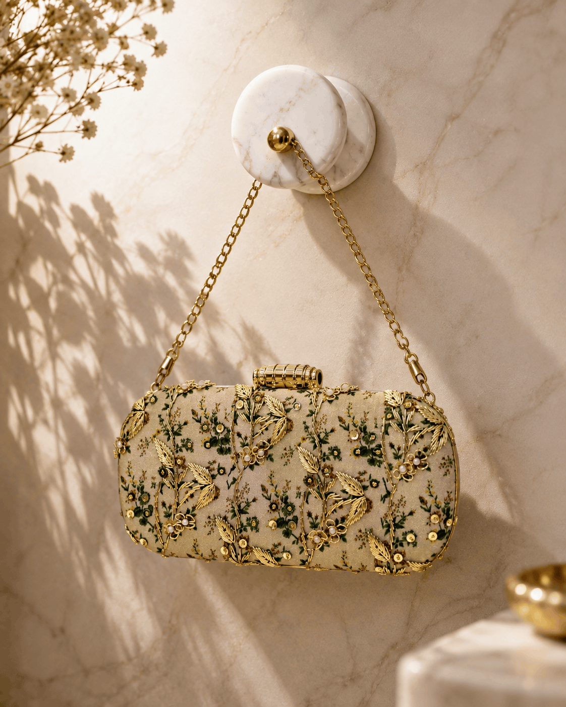 Embroidered beaded clutch bag with green floral details and gold chain strap.