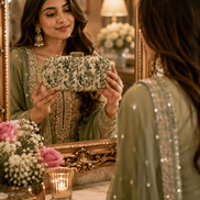 Floral embroidered clutch bag in green tones with beaded leaf and flower accents.