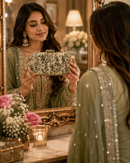 Floral embroidered clutch bag in green tones with beaded leaf and flower accents.