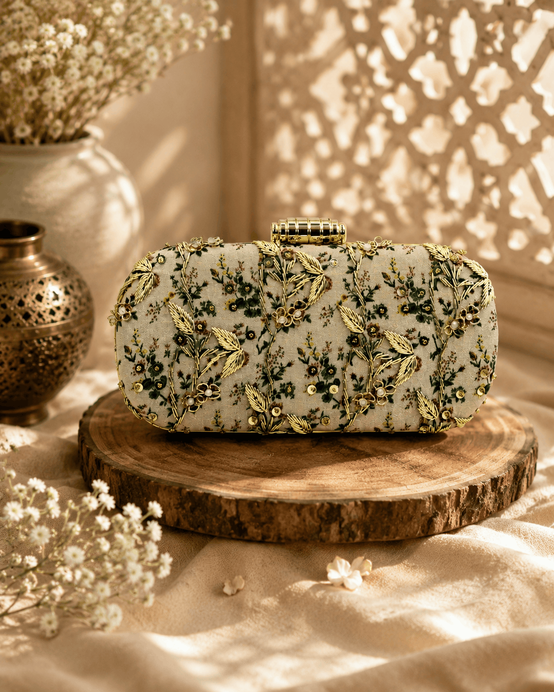 Embroidered beaded clutch bag with leafy green floral details on light fabric.
