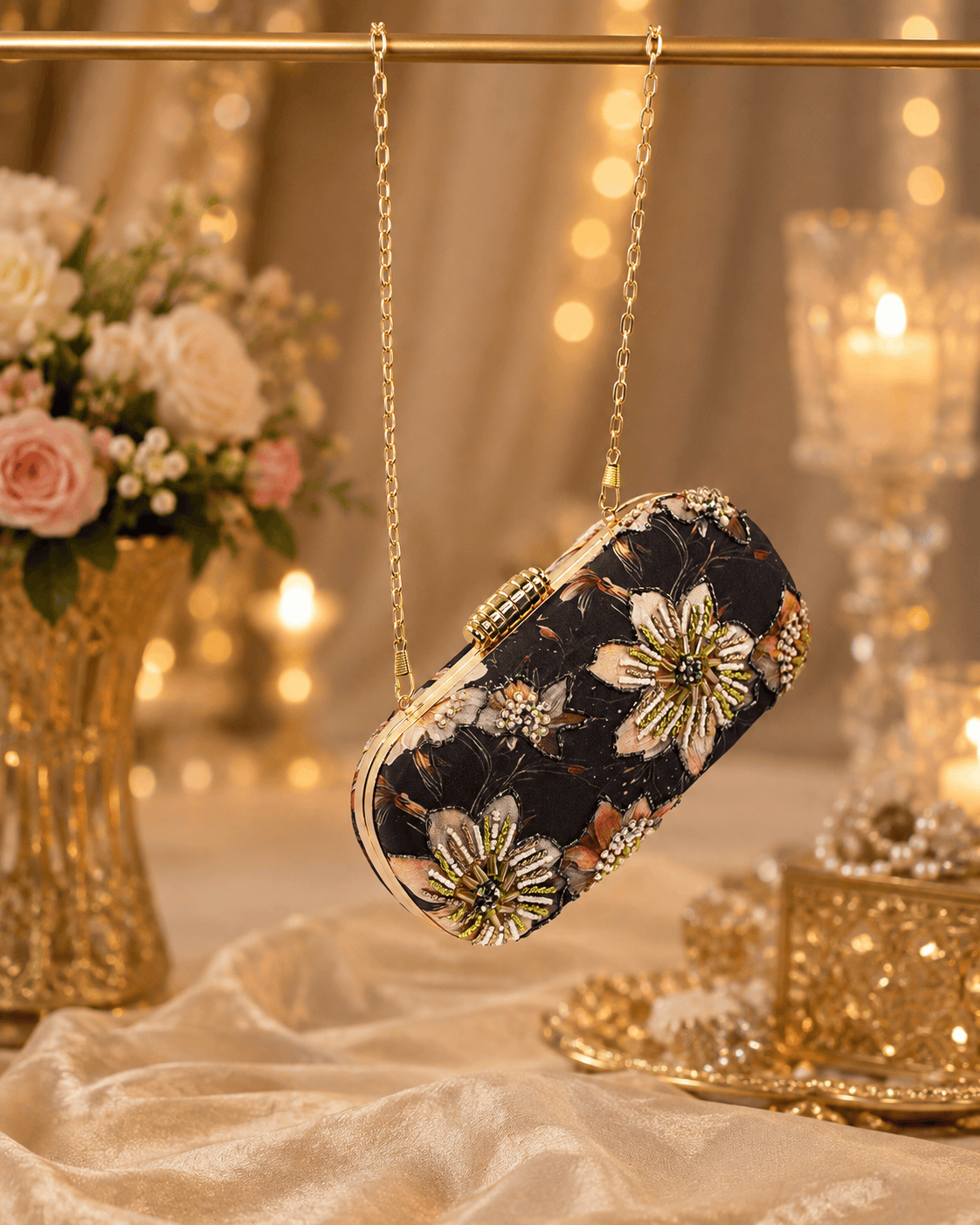 Black embellished floral clutch bag with gold beaded chain shoulder strap.