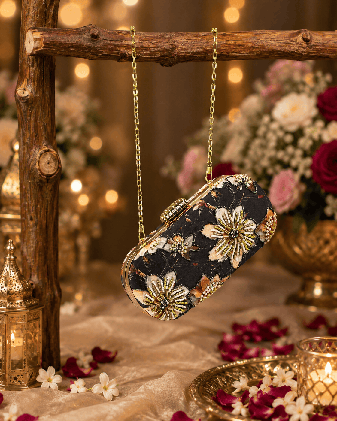 Black floral clutch purse with jeweled clasp and gold chain shoulder strap
