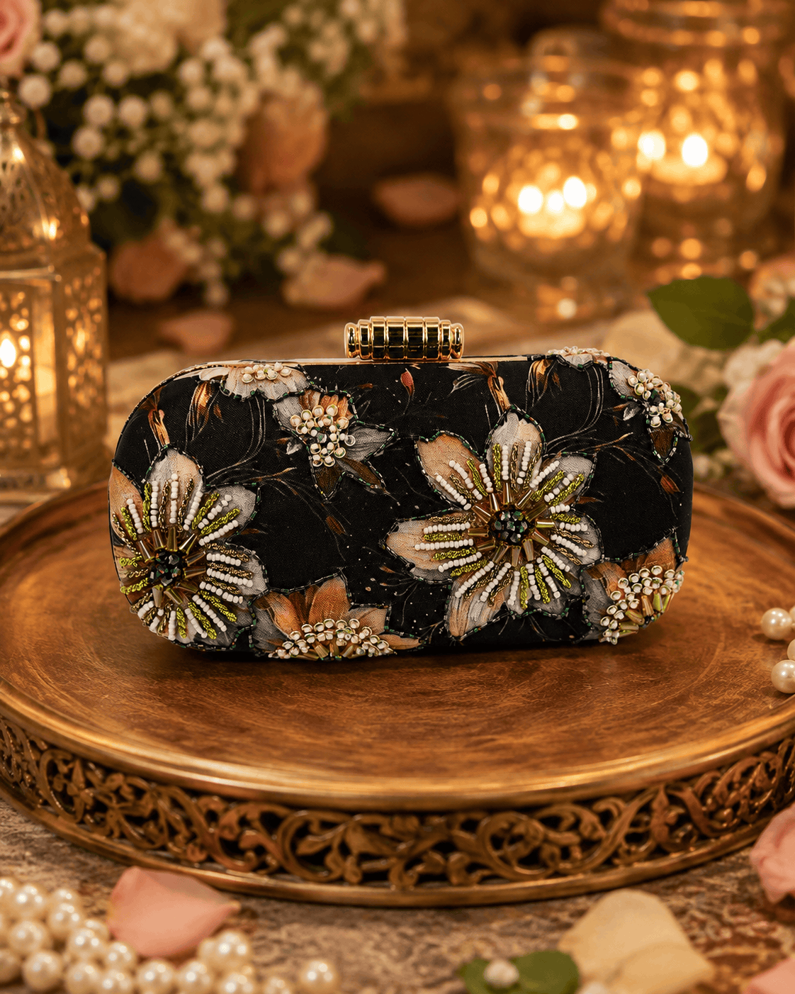 Black floral sequin clutch bag with gold and white burst embellishments, top clasp.